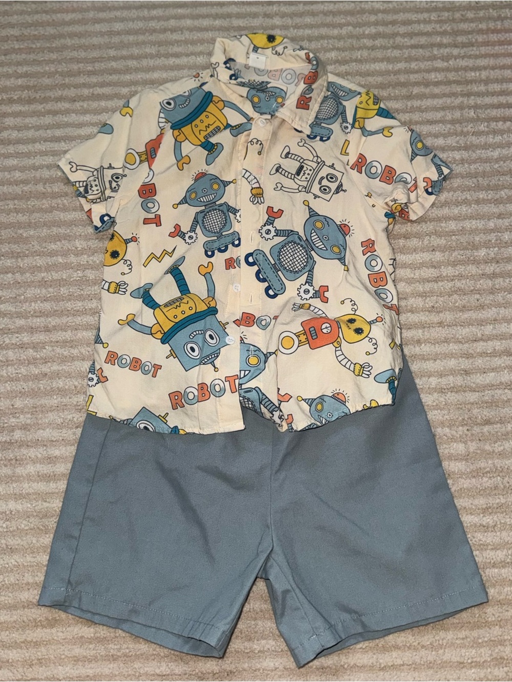 SHEIN Robot Print Cream Shirt with Blue Shorts Kids Matching Set